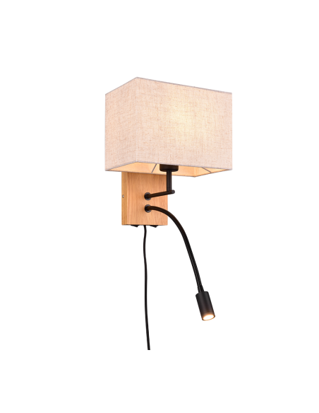 Trio – Nilam – Applique murale LED en bois naturel et tissu blanc, E27 + bras de lecture flexible