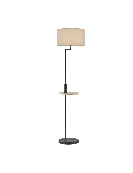 Trio – Claas – Lampadaire LED moderne avec table en bois, port USB, gris tissu, noir mat