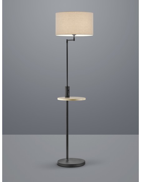 Trio – Claas – Lampadaire LED 160 cm, gris tissu, noir mat, avec port USB et fonction de recharge