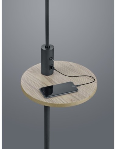 Lampadaire LED, 60W max, Gris Tissu, Noir Mat, Port USB, 160 cm intérieur | Trio