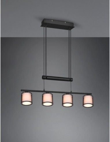 Trio – Burton – Suspension LED moderne 4xE14, abat-jour en tissu blanc et plastique noir transparent