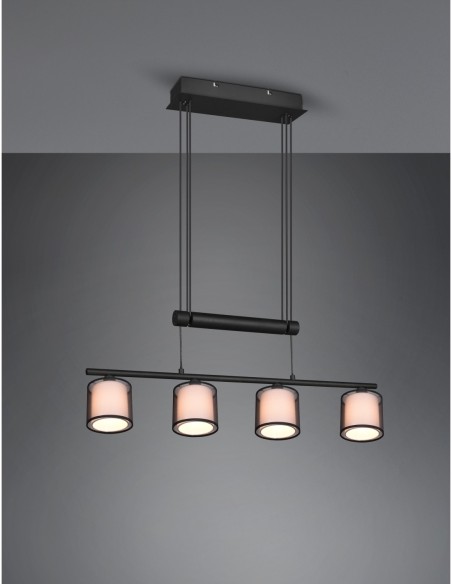 Trio – Burton – Suspension LED moderne 4xE14, abat-jour en tissu blanc et plastique noir transparent