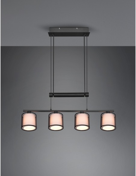Trio – Burton – Luminaire suspendu LED élégant, abat-jour en organza fumé, design moderne noir mat