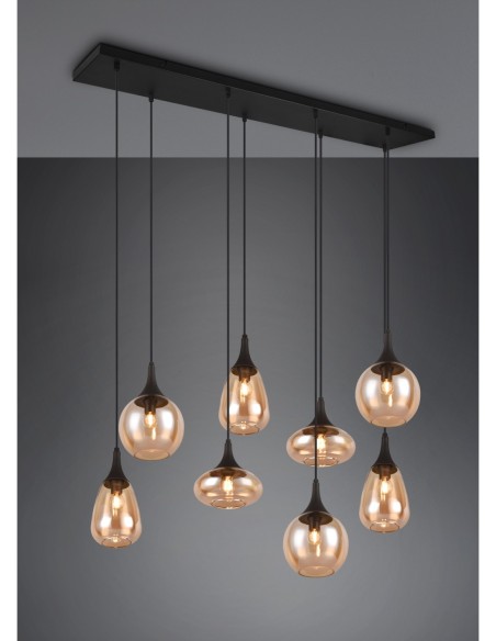 Trio – Lumina – Suspension design avec abat-jour en verre de formes variées, finition noire et ambre