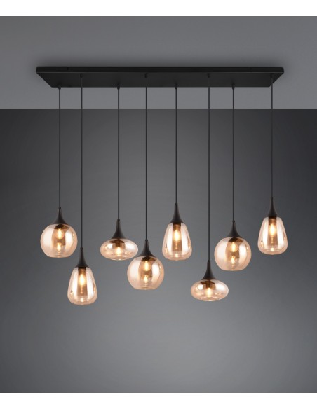 Trio – Lumina – Luminaire suspendu élégant 8 ampoules, verre ambré et métal noir mat
