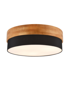 Trio – Seasons – Plafonnier 3xE27, abat-jour tissu noir, métal nickel mat et bois clair