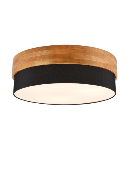 Trio – Seasons – Plafonnier 3xE27, abat-jour tissu noir, métal nickel mat et bois clair