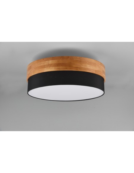 Plafonnier 3xE27, Tissu Noir, bois naturel - Trio - Seasons