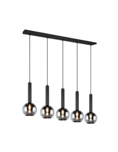 Trio Clayton – Suspension LED 5xE27, 28W max., Verre Fumé, Corps Métal Noir Mat