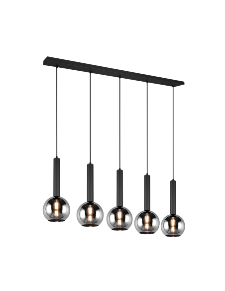 Trio Clayton – Suspension LED 5xE27, 28W max., Verre Fumé, Corps Métal Noir Mat
