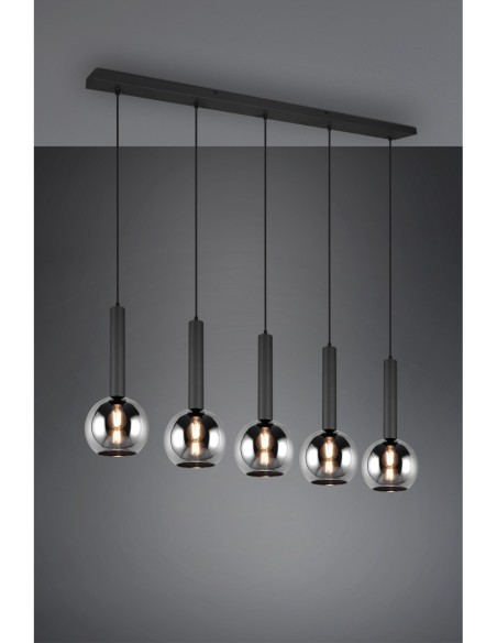 Trio Clayton – Luminaire suspendu LED 5xE27, 28W max., Verre Fumé, Corps Métal Noir Mat