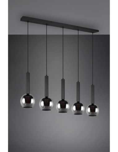 Trio Clayton – Plafonnier LED 5xE27, 28W max., Verre Fumé, Corps Métal Noir Mat