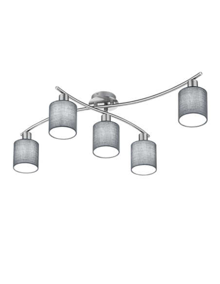 Trio Garda – Plafonnier 5xE14, métal nickel mat, abat-jours tissu gris pour ambiance moderne