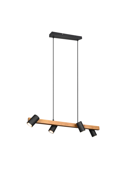 Trio Marley – Suspension 4xGU10, max. 35W, métal noir mat et bois, design moderne