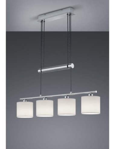 Trio Garda – Suspension moderne à 4 lumières, métal nickel mat, tissu blanc, réglable de 95 à 150 cm