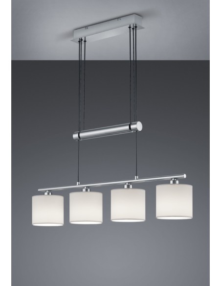 Trio Garda – Suspension moderne à 4 lumières, métal nickel mat, tissu blanc, réglable de 95 à 150 cm
