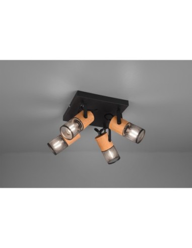 Trio – Tosh – Détail du spot orientable noir mat avec finition bois, 4x E14 max 40W