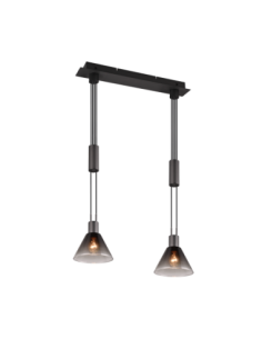 Trio – Stanley – Suspension 2xE27, verre fumé et métal noir mat, design moderne 55 cm