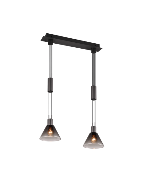 Trio – Stanley – Suspension 2xE27, verre fumé et métal noir mat, design moderne 55 cm