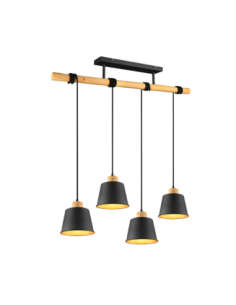 Trio HARRIS – Suspension 4xE27, max. 40W, métal et bois naturel, noir mat
