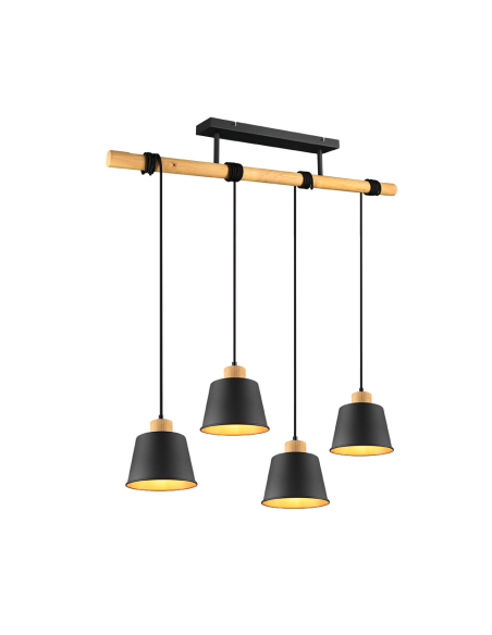 Trio HARRIS – Suspension 4xE27, max. 40W, métal et bois naturel, noir mat
