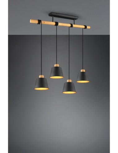 Trio HARRIS – Suspension design 4xE27, max. 40W, métal noir et bois clair