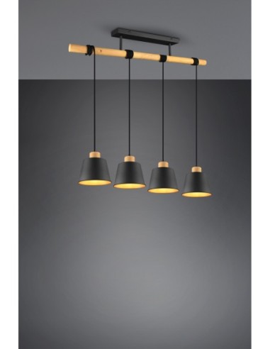 Trio HARRIS – Suspension 4xE27, métal noir mat et détails bois, style moderne et chaleureux