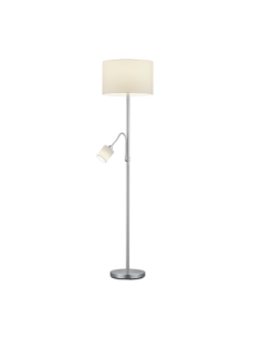 Trio Hotel – Lampadaire double, 1xE27 + liseuse 1xE14, nickel mat, tissu blanc