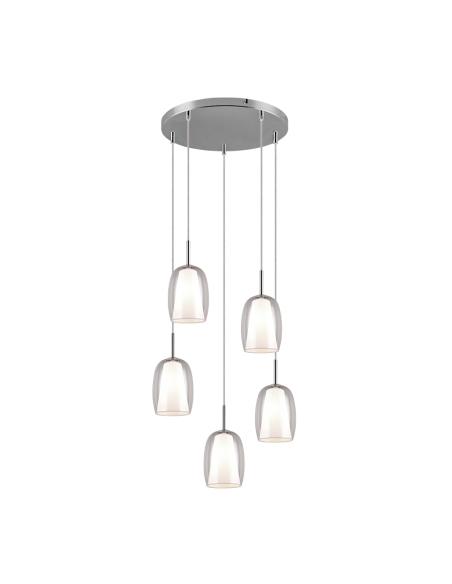 Trio Barret – Suspension élégante 5xE14, abat-jours en verre transparent et blanc, design moderne