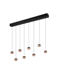 Trio Orbit – Suspension LED 8x8W, noir mat et café, lumière réglable et élégance moderne