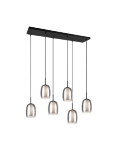 Trio Barret – Suspension 6xE14, verre fumé et blanc, métal noir mat, élégance moderne