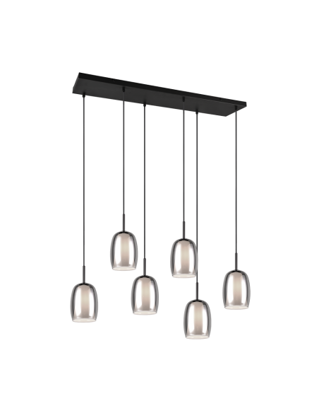 Trio Barret – Suspension 6xE14, verre fumé et blanc, métal noir mat, élégance moderne