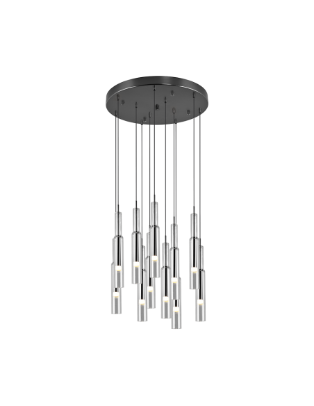 Trio Lucent – Suspension moderne 11xLED, verre transparent, métal chromé noir, lumière modulable