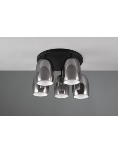 Trio Barret – Plafonnier contemporain 5xE14, verre fumé et blanc, métal noir mat, lumière économe