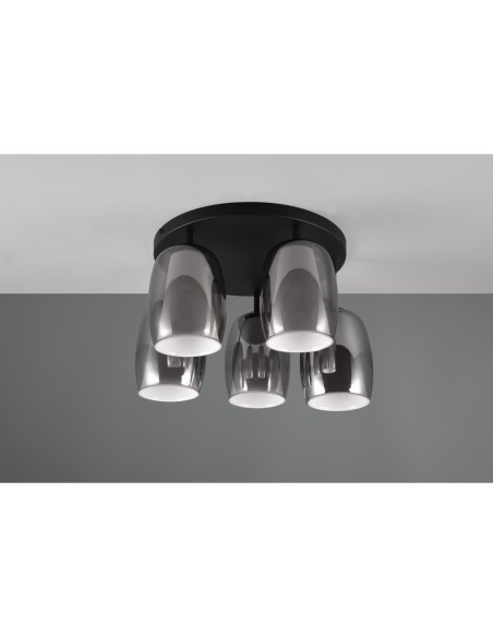 Trio Barret – Plafonnier contemporain 5xE14, verre fumé et blanc, métal noir mat, lumière économe