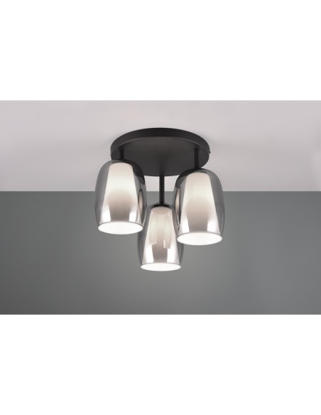 Trio Barret – Plafonnier contemporain, abat-jour en verre fumé, métal noir mat, design raffiné