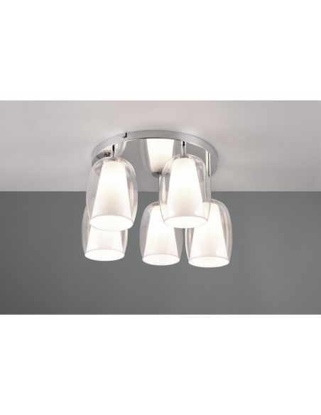Trio Barret – Plafonnier décoratif, 5 lumières E14, verre raffiné et métal chromé, lumière douce