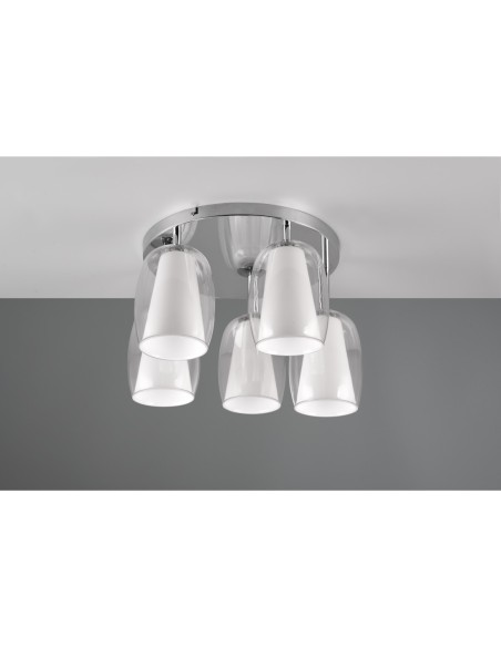 Trio Barret – Luminaire plafond 5xE14, abat-jour en verre transparent/blanc, style moderne et chic