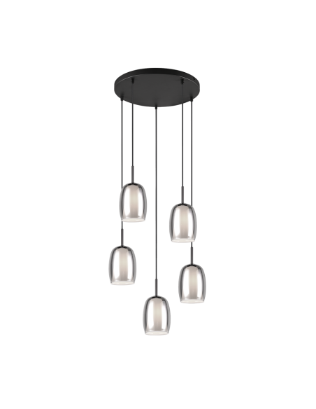 Trio Barret – Suspension 5xE14, max. 10W, verre fumé et blanc, métal noir mat, design élégant