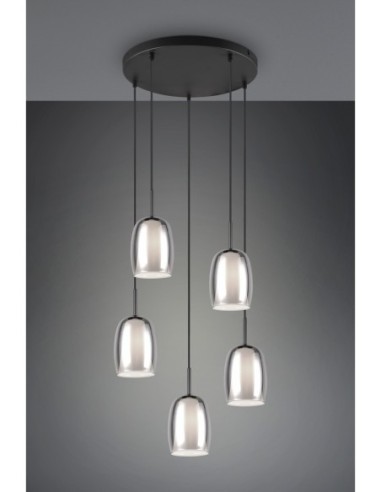 Trio Barret – Suspension moderne 5xE14, max. 10W, abat-jours verre fumé et intérieur blanc, métal noir mat