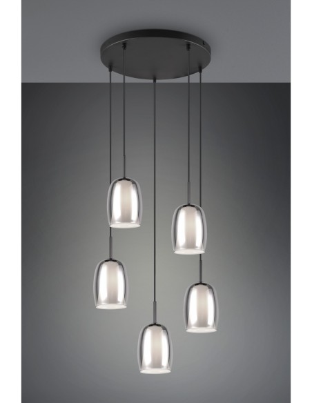 Trio Barret – Suspension moderne 5xE14, max. 10W, abat-jours verre fumé et intérieur blanc, métal noir mat