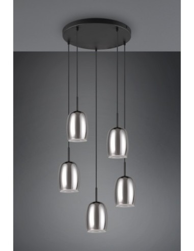 Trio Barret – Lampe suspendue 5xE14, max. 10W, verre fumé et métal noir mat, éclairage doux et décoratif