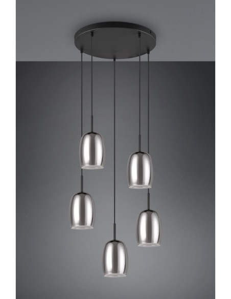 Trio Barret – Lampe suspendue 5xE14, max. 10W, verre fumé et métal noir mat, éclairage doux et décoratif