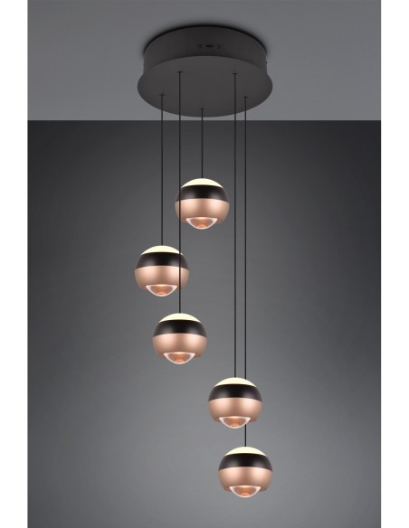 Trio Orbit – Suspension design sphérique LED, 5 x 960lm, 8W, 2300-4000K, dimmable, noir mat et café