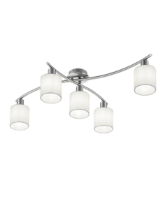 TRIO Garda – Plafonnier élégant 5xE14, max. 25W, nickel mat, abat-jour en tissu blanc, bras pivotants, style moderne