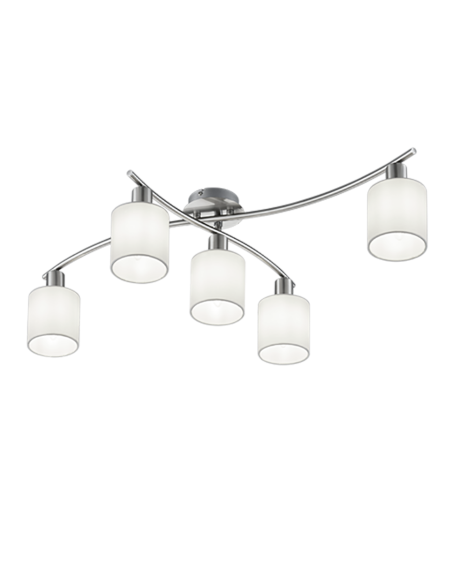 TRIO Garda – Plafonnier élégant 5xE14, max. 25W, nickel mat, abat-jour en tissu blanc, bras pivotants, style moderne