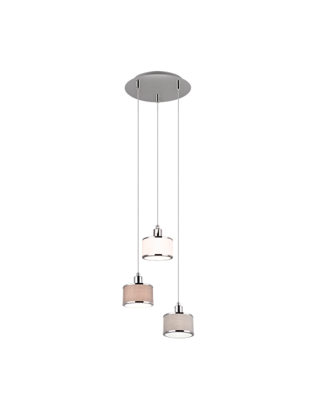 Trio Kaprun – Suspension 3xE14, tissu gris, métal chrome, design élégant