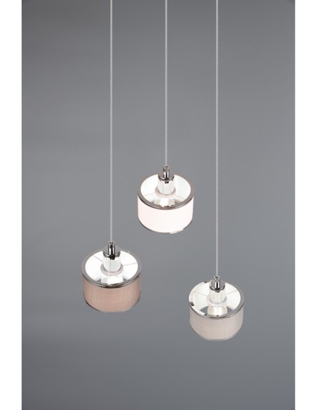 Trio Kaprun – Suspension cylindrique 3xE14, gris et chrome, ambiance accueillante