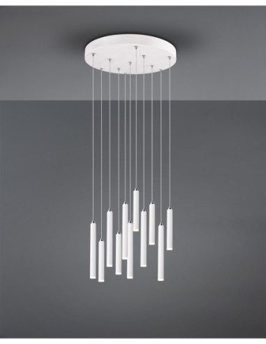 Trio Tubular - Détail des tubes LED suspendus à hauteurs variables entre 22 et 36 cm