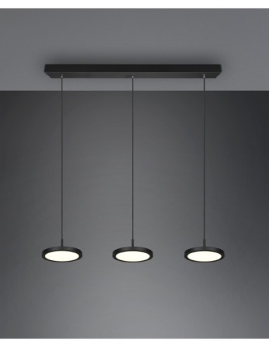 Trio Tray – Suspension LED noire à trois lumières au-dessus d'une table à manger, ambiance chaleureuse
